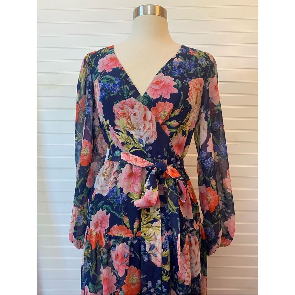Eliza J Chiffon Chiffon Floral-Print Faux-Wrap Tiered Maxi Dress NEW Size 4 Blue - Picture 3 of 12
